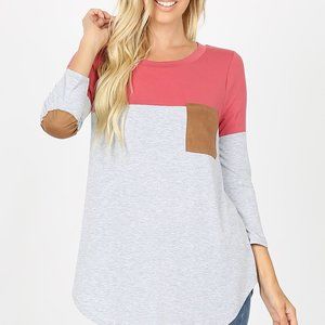 Zenana Medium NEW 3/4 Sleeve T-Shirt Tunic Elbow Patch Pocket Crew Neck